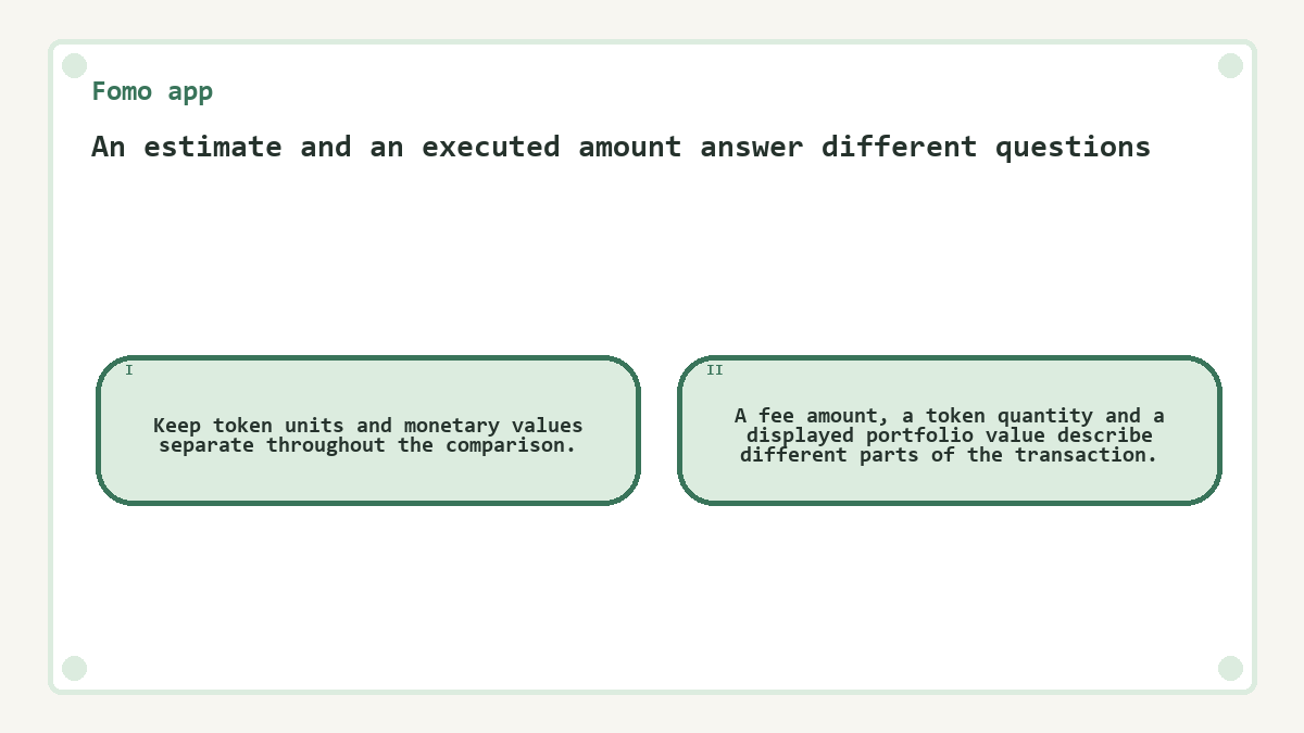 An estimate and an executed amount answer different questions: Keep token units and monetary values separate throughout the comparison.; A fee amount, a token quantity and a displayed portfolio value describe different parts of the transaction.